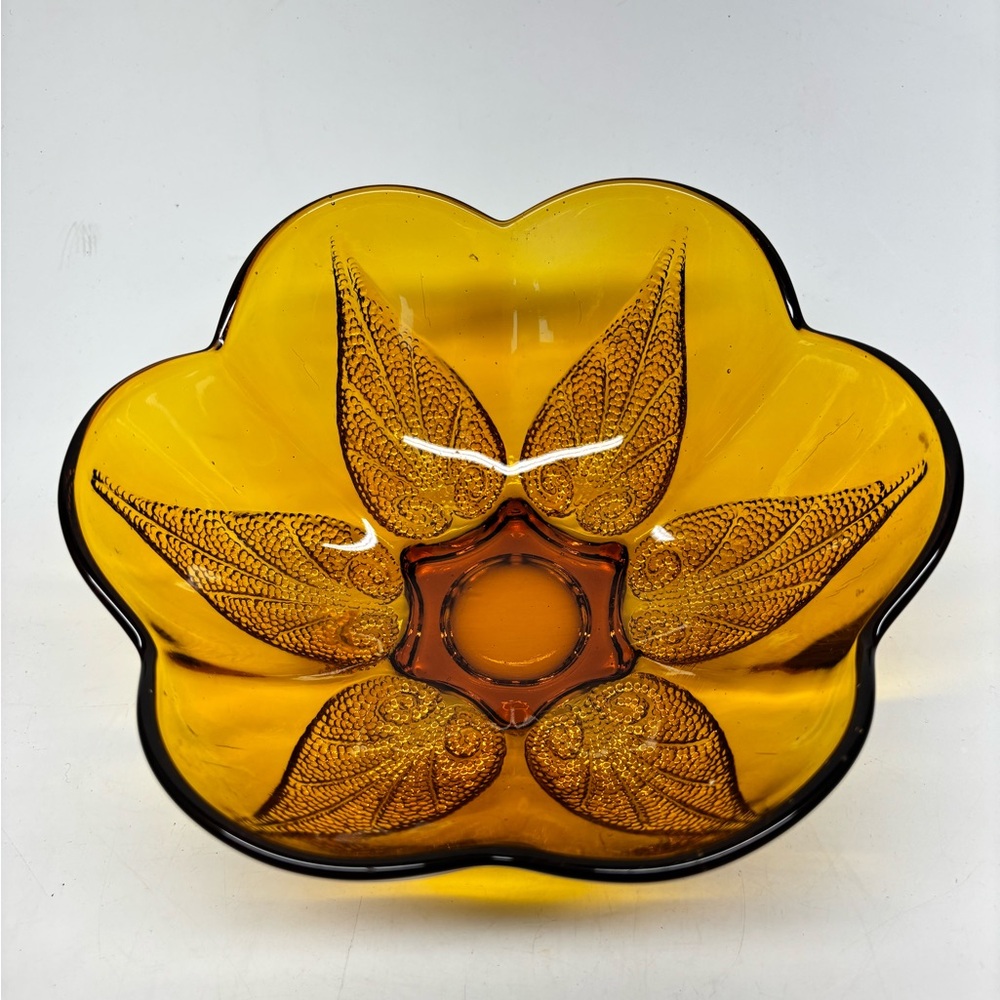 Vintage Amber Glass Embossed Leaf Scalloped Bowl Attributed Indiana Glass